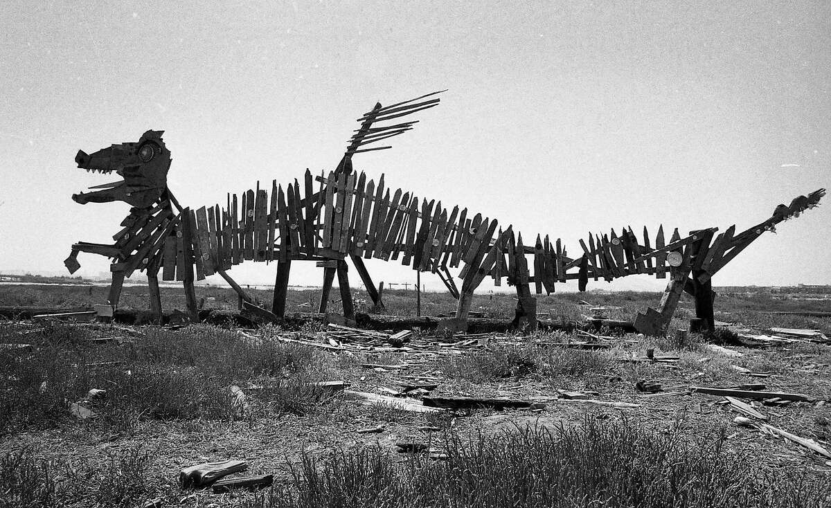 Art sculptures made from driftwood and wood scraps on the Emeryville mud flats were easily seen from the freeway and bridge approaches, May 29, 1977