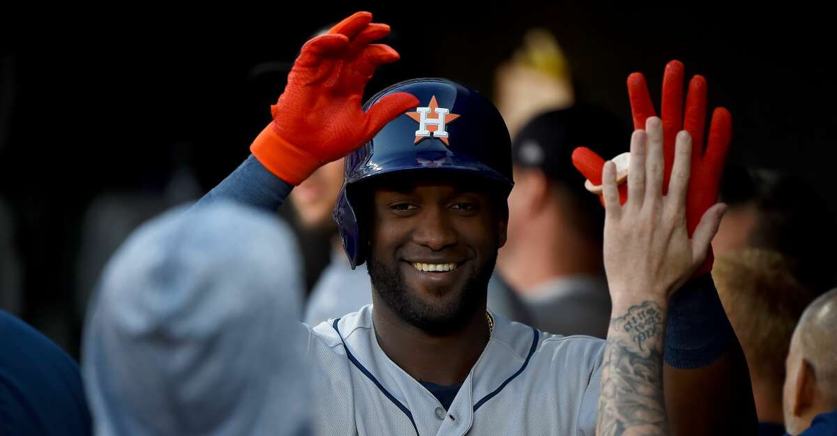 BALTIMORE, MD - AUGUST 10: Yordan Alvarez #44 of the Houston Astros celebrates with teammates after hitting a solo home run during the first inning against the Baltimore Orioles at Oriole Park at Camden Yards on August 10, 2019 in Baltimore, Maryland. (Photo by Will Newton/Getty Images)