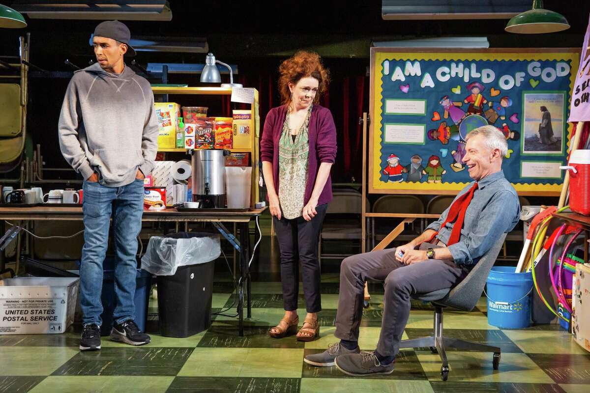From left, Kyle Beltran, Deirdre O'Connell and Arnie Burton in the Williamstown Theatre festival world premiere of "Before The Meeting." (WTF publicity photo by Jeremy Daniel.)