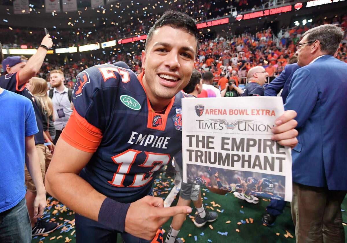 Albany Empire's Adrian Trevino celebrates after a 45-27 win against the Philadelphia Soul during the ArenaBowl XXXII football game at the Times Union Center, Sunday, Aug. 11, 2019, in Albany, N.Y. (Hans Pennink / Special to the Times Union)