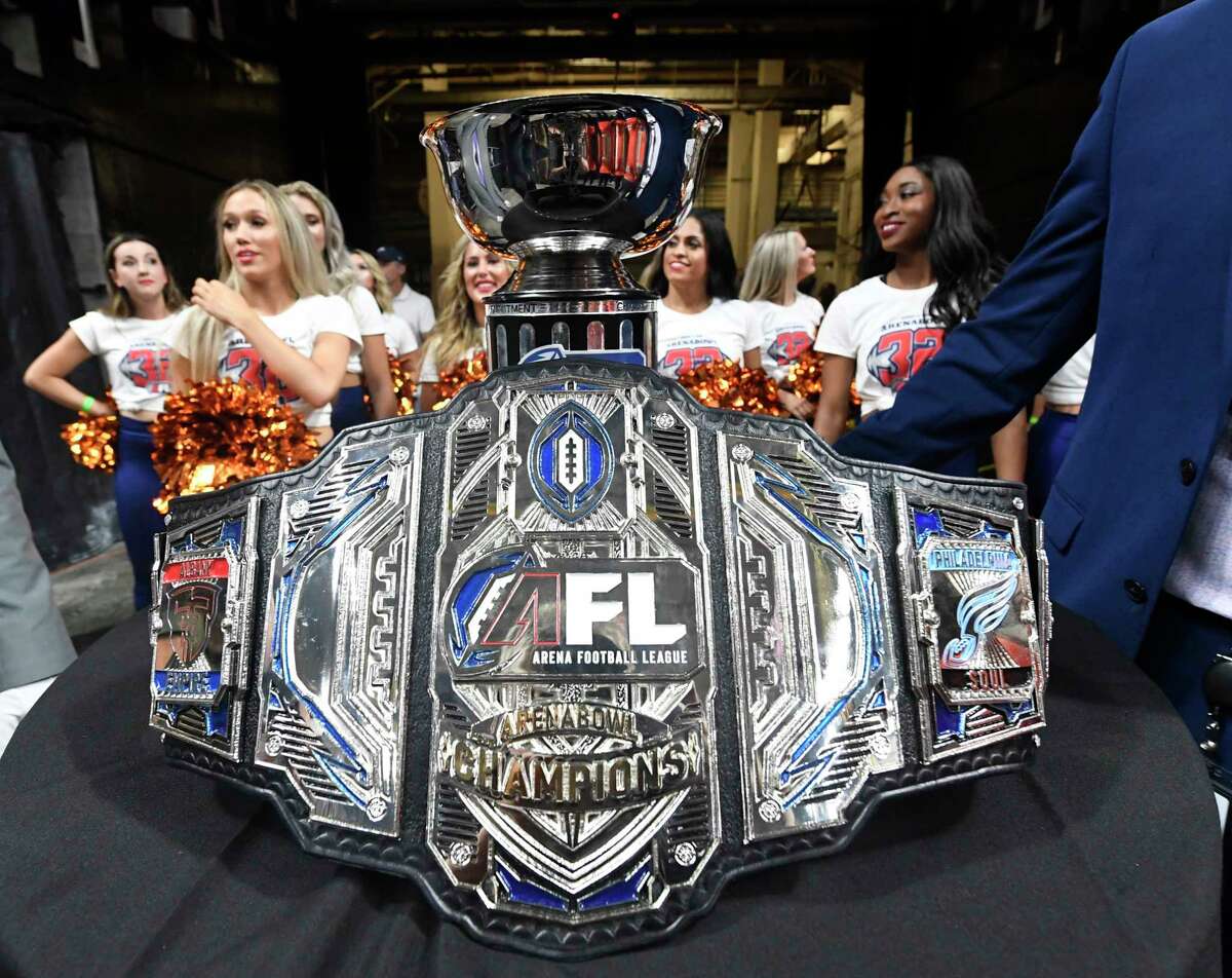 Trophy and belt before presintation to the Albany Empire players celebrates after a 45-27 win against the Philadelphia Soul during the ArenaBowl XXXII football game at the Times Union Center, Sunday, Aug. 11, 2019, in Albany, N.Y. (Hans Pennink / Special to the Times Union)
