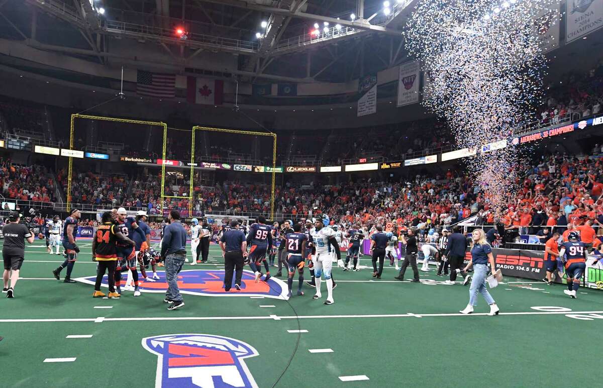 Albany Empire players celebrates after a 45-27 win against the Philadelphia Soul during the ArenaBowl XXXII football game at the Times Union Center, Sunday, Aug. 11, 2019, in Albany, N.Y. (Hans Pennink / Special to the Times Union)