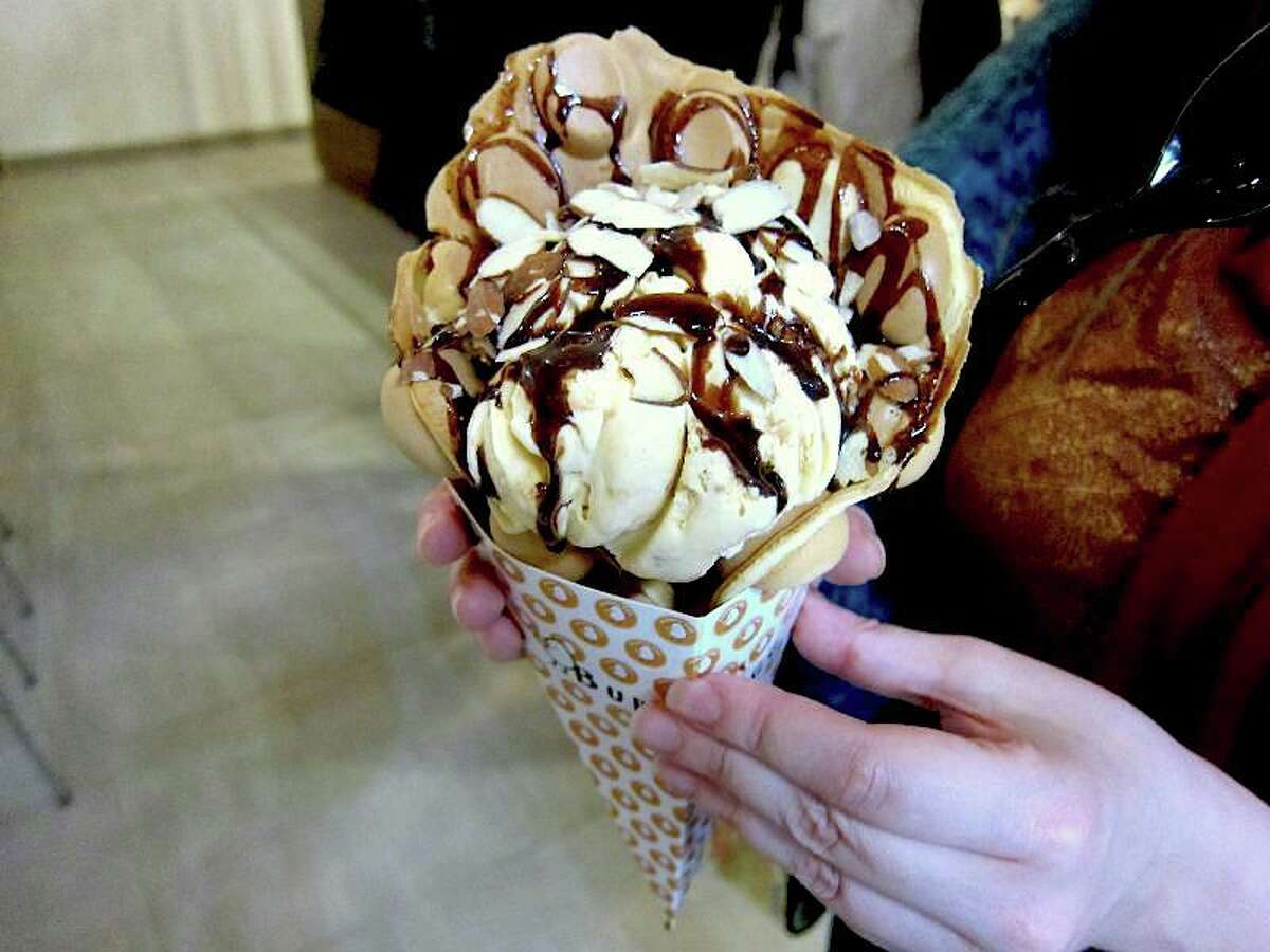 Egg waffle ice cream cones are the specialty at Bubble Egg.