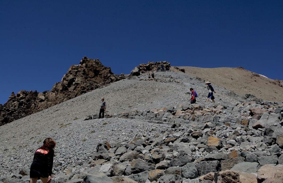 Hikers venture up the switchbacks on the 2,000-foot climb to Lassen Peak