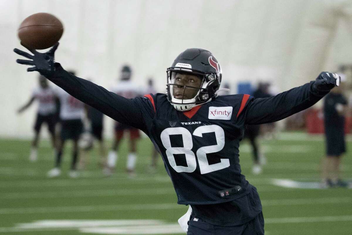 Houston Texans wide receiver Floyd Allen reaches out for a ball during training camp at the Houston Methodist Training Center on Monday, Aug. 12, 2019, in Houston.