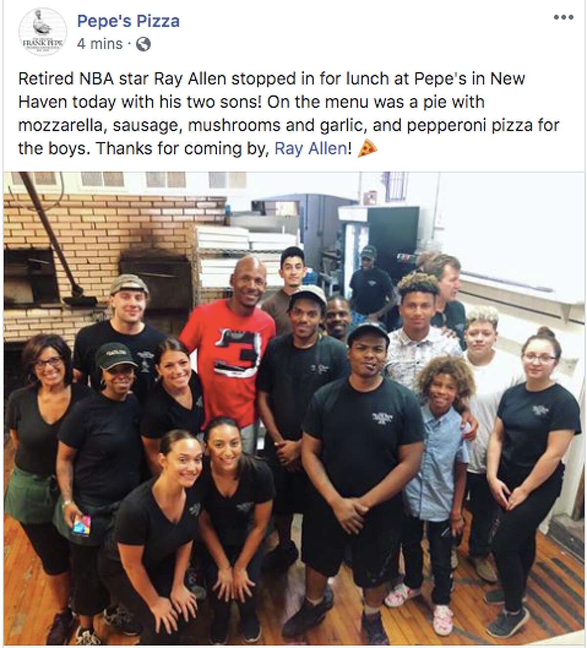 NBA Allstar Ray Allen visits Frank Pepe Pizzeria Napoletana on Monday, August 12, 2019.