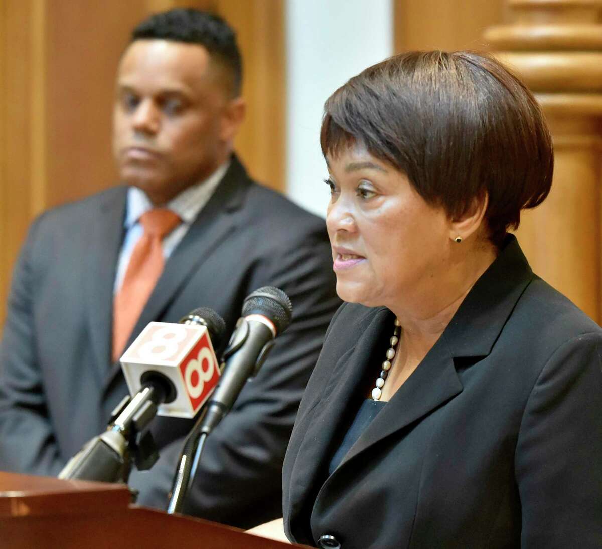 New Haven, Connecticut - Monday, August 12, 2019: New Haven Mayor Toni N. Harp, right, with Controller Daryl Jones, left, announce a comprehensive, five-year strategic financial plan for the City of New Haven during a press conference Monday afternoon at New Haven City Hall.