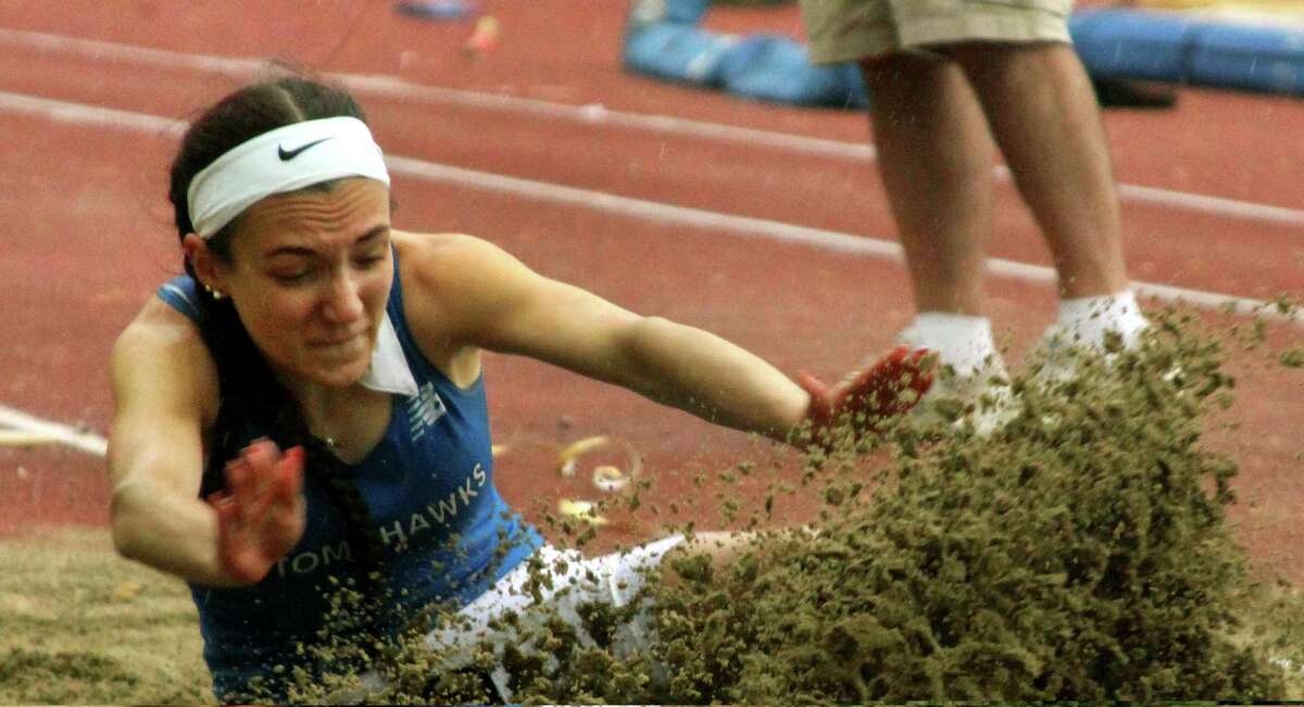 Glastonbury's Selina Soule competes in the girls long jump during Class LL track and field championship in New Britain, Conn., on Wednesday May 29, 2019.