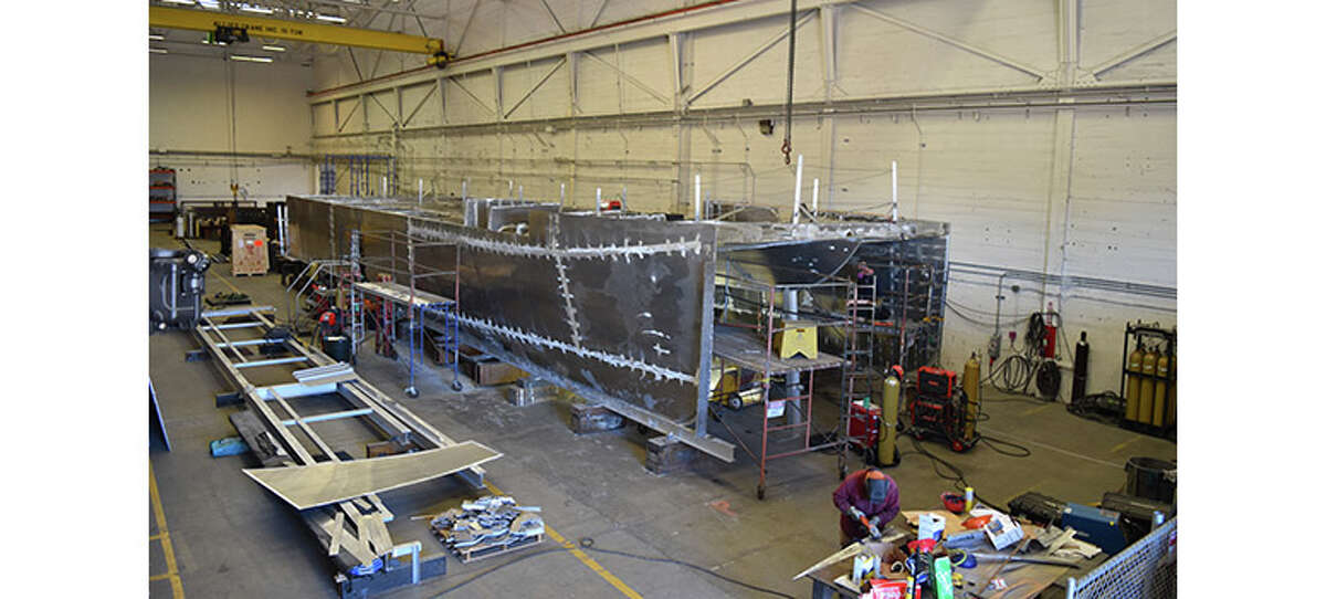 The hull of the first hydrogen-powered ferry in the world nears completion at Alameda’s Bay Ship & Yacht. The vessel is expected to be finished in time for water trials this November. Photo by Joel Williams, BayCrossings.com
