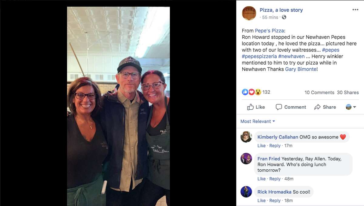 Director Ron Howard (middle) was seen dining at Frank Pepe's in New Haven.