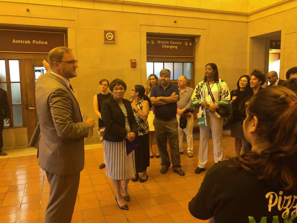 City and state officials, joined by consultants and local business owners, tour Union Station in New Haven on Tuesday, Aug. 13, 2019. Plans call for added retail and other commercial uses as well as a potential hotel in the 1920-era building.