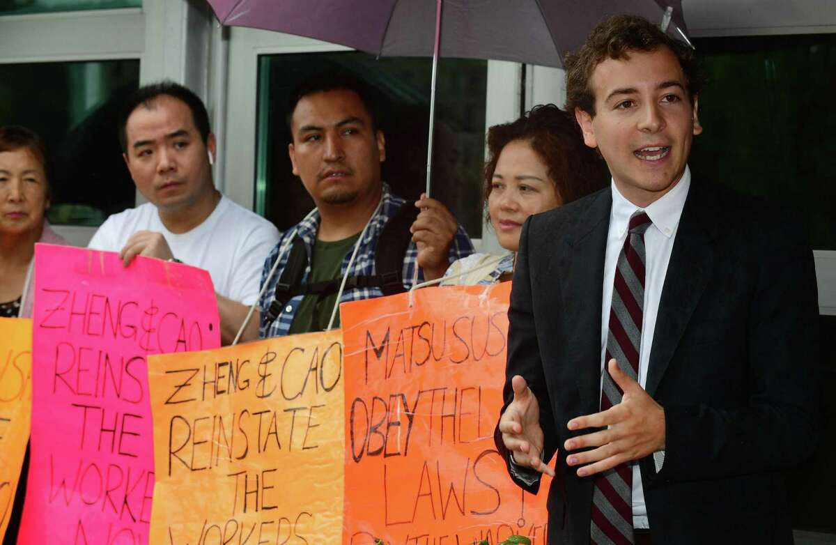 State Senator Will Haskell joins protestors and labor leaders to protest the firing two Matsu Sushi staff members during a picket of the restaurant on Tuesday, Aug. 13 in Westport.
