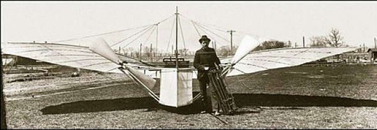 Aviation pioneer Gustave Whitehead with his No. 21 flyer that is believed to have made the first manned flight in Fairfield in 1901.