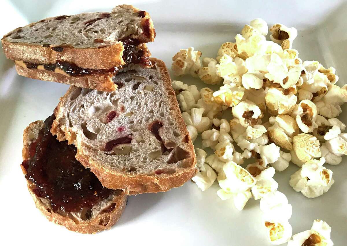 Almond Butter and Fig Jam Sandwich with kettle corn