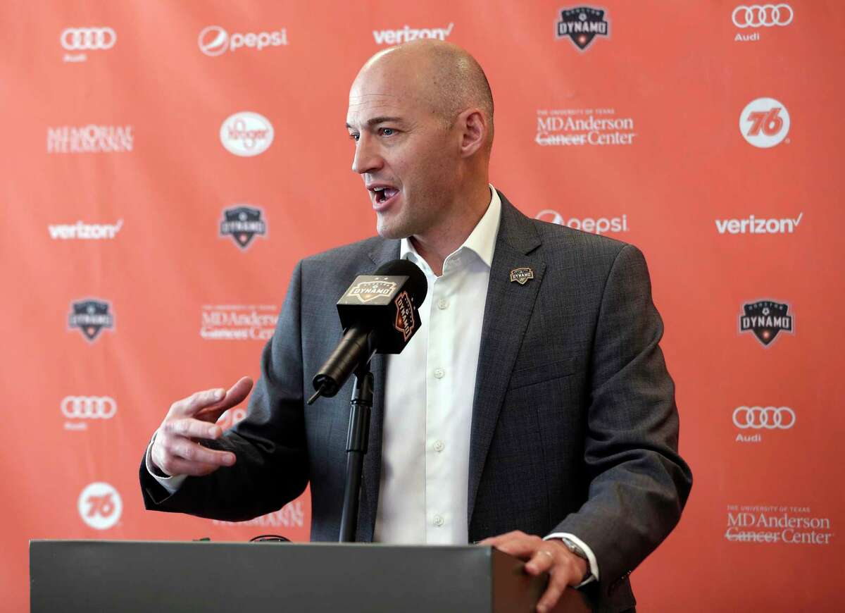 General Manager Matt Jordan speaks during a press conference at the team's practice facility announcing Davy Arnaud as the interim Dynamo head coach, replacing Wilmer Cabrerra, for the remaining nine games of their season Wednesday, Aug. 14, 2019 in Houston, TX.