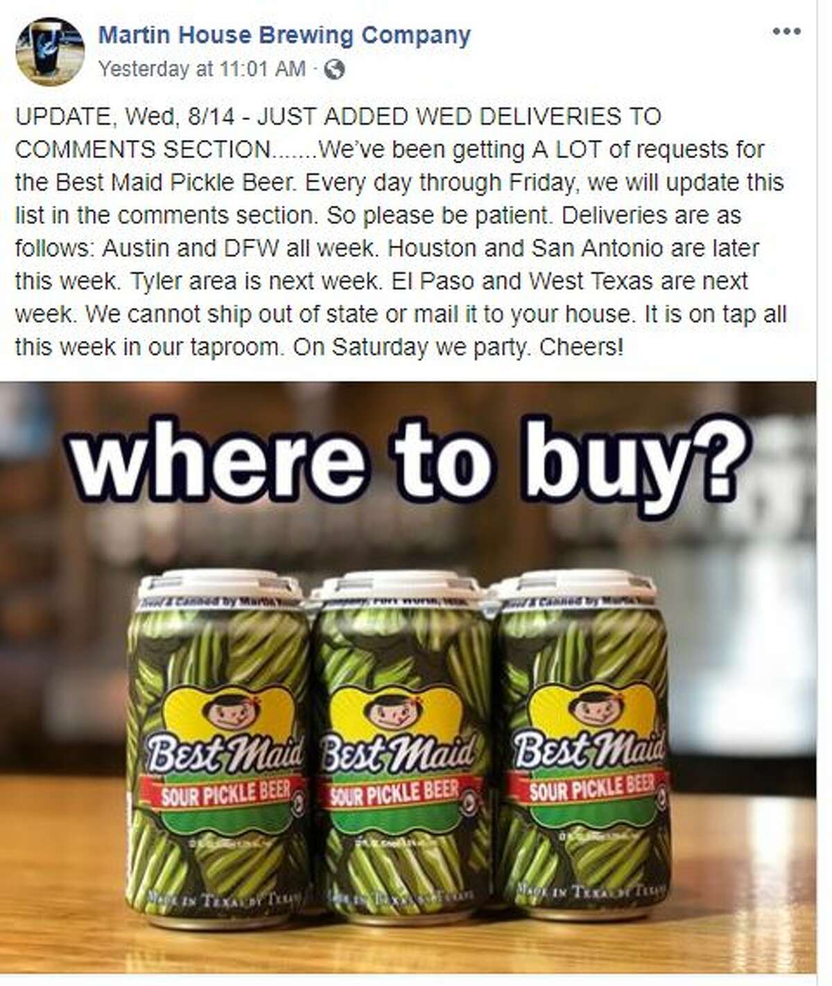 "The Sour Pickle Beer is set to starting hitting store shelves TODAY! Check out this Martin House Brewing Company post to see where to buy near you!"