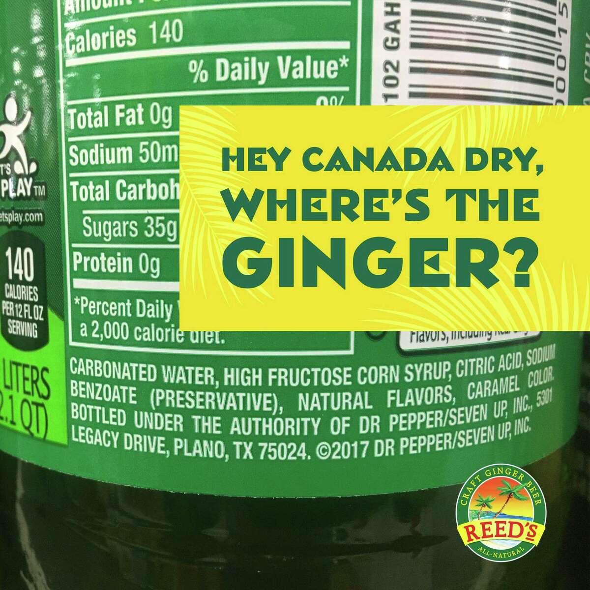 A promotional image issued by Reed's as part of a campaign to contrast the Norwalk company's ginger beer with that sold by the Canada Dry division of Dr Pepper/Seven Up. (Press image via Reed's)