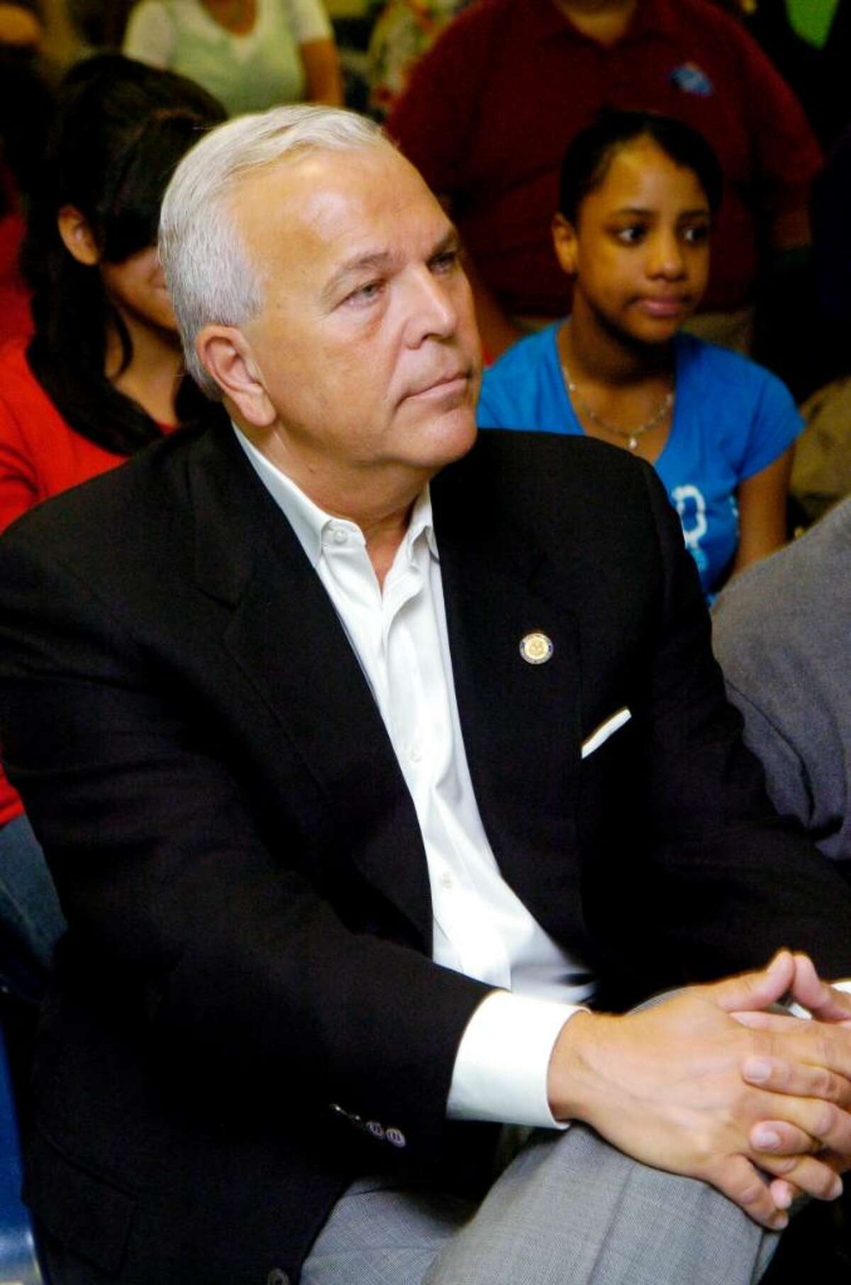 Lt Governor Michael Fedele listens to the fifth graders in IXCEL Summer Camp gubernatorial debate at the Yerwood Center in Stamford, Conn. on Monday August 2, 2010.