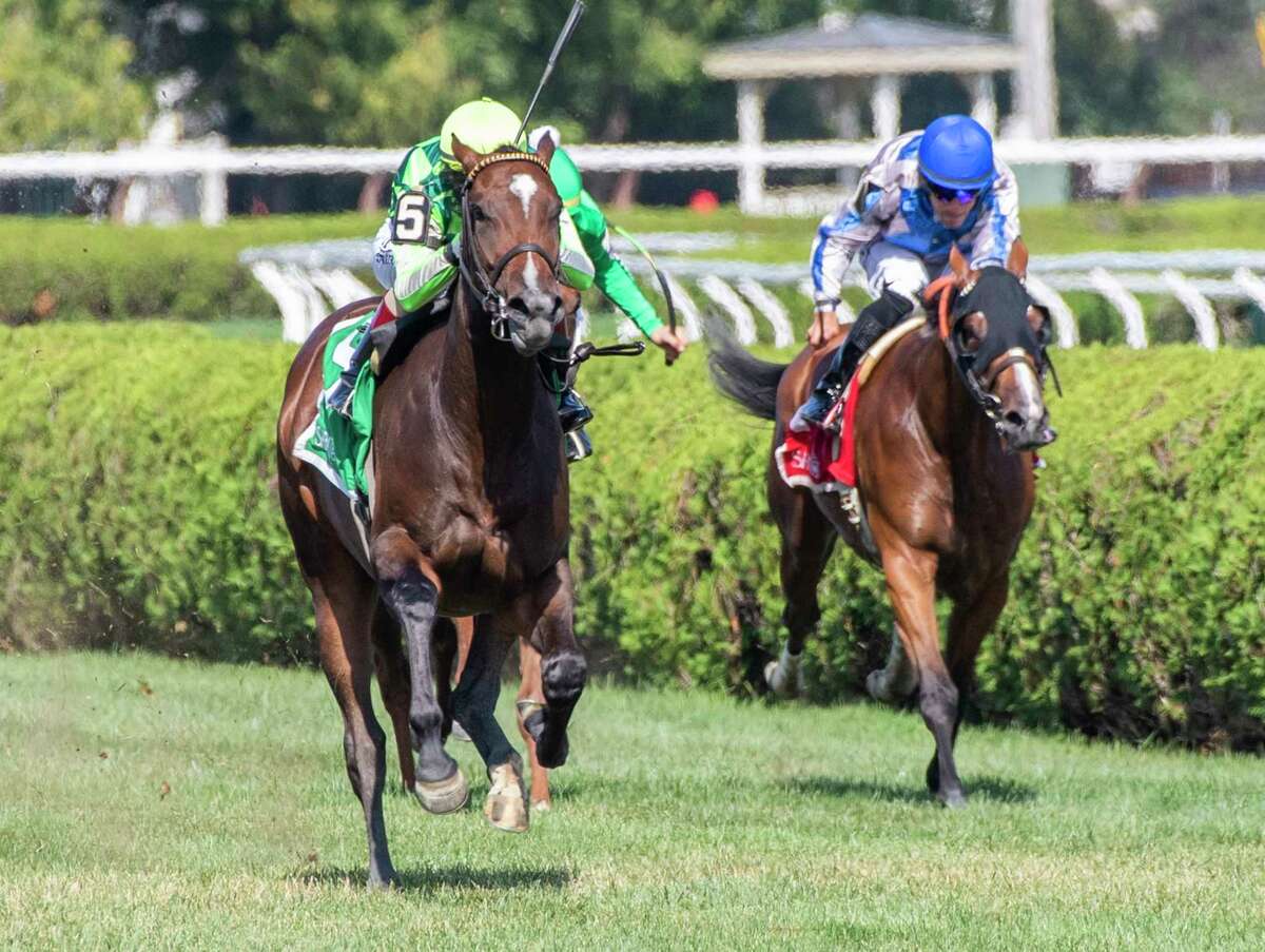 Kimari with jockey John Velazquez moves away from the field on the way to the win in the 5th running of The Bolten Landing Wednesday Aug. 14, 2019 at the Saratoga Race Course in Saratoga Springs, N.Y. Photo by The Jockey Club