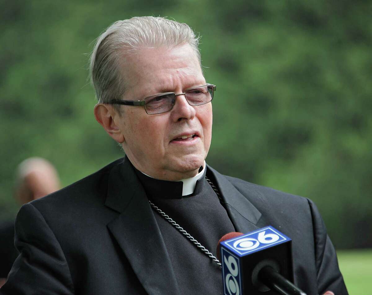 Bishop Edward Scharfenberger speaks to the press during a groundbreaking ceremony for the Mary Immaculate, Patroness of America Mausoleum at the at the Most Holy Redeemer Cemetery on Thursday, June 18, 2015 in Niskayuna, N.Y. (Lori Van Buren / Times Union)