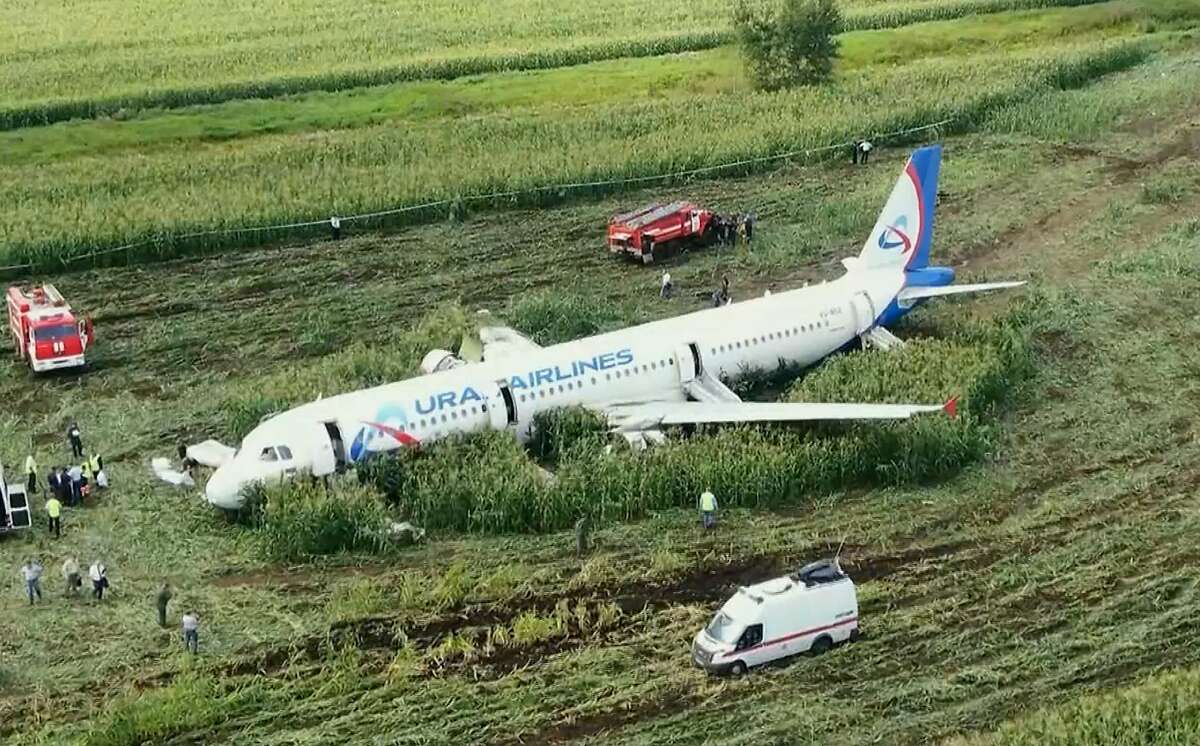 In this video grab provided by the RU-RTR Russian television, a Russian Ural Airlines' A321 plane is seen after an emergency landing in a cornfield near Ramenskoye, outside Moscow, Russia, Thursday, Aug. 15, 2019. The Russian pilot was being hailed as a hero Thursday for safely landing his passenger jet in a corn field after it collided with a flock of gulls seconds after takeoff, causing both engines to malfunction. (RU-RTR Russian Television via AP)