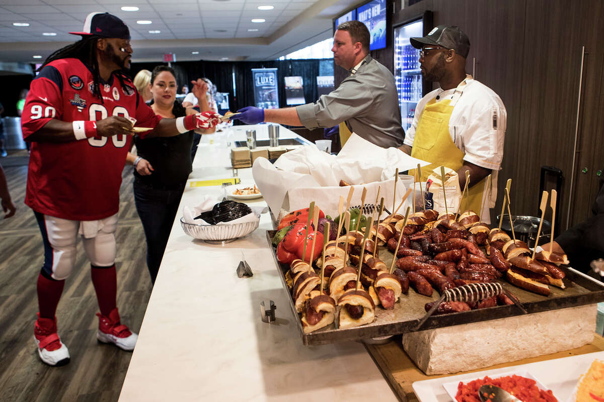 PHOTOS: A look at the new menu items inside NRG Stadium for Texans games this season Houston Texans fan Herman "Ol Skool" Eagleton samples the food options during the What's New at NRG Stadium event on Thursday, Aug. 15, 2019 in Houston. Browse through the photos above for a rundown of some of the new food options at Texans games inside NRG Stadium this season ...