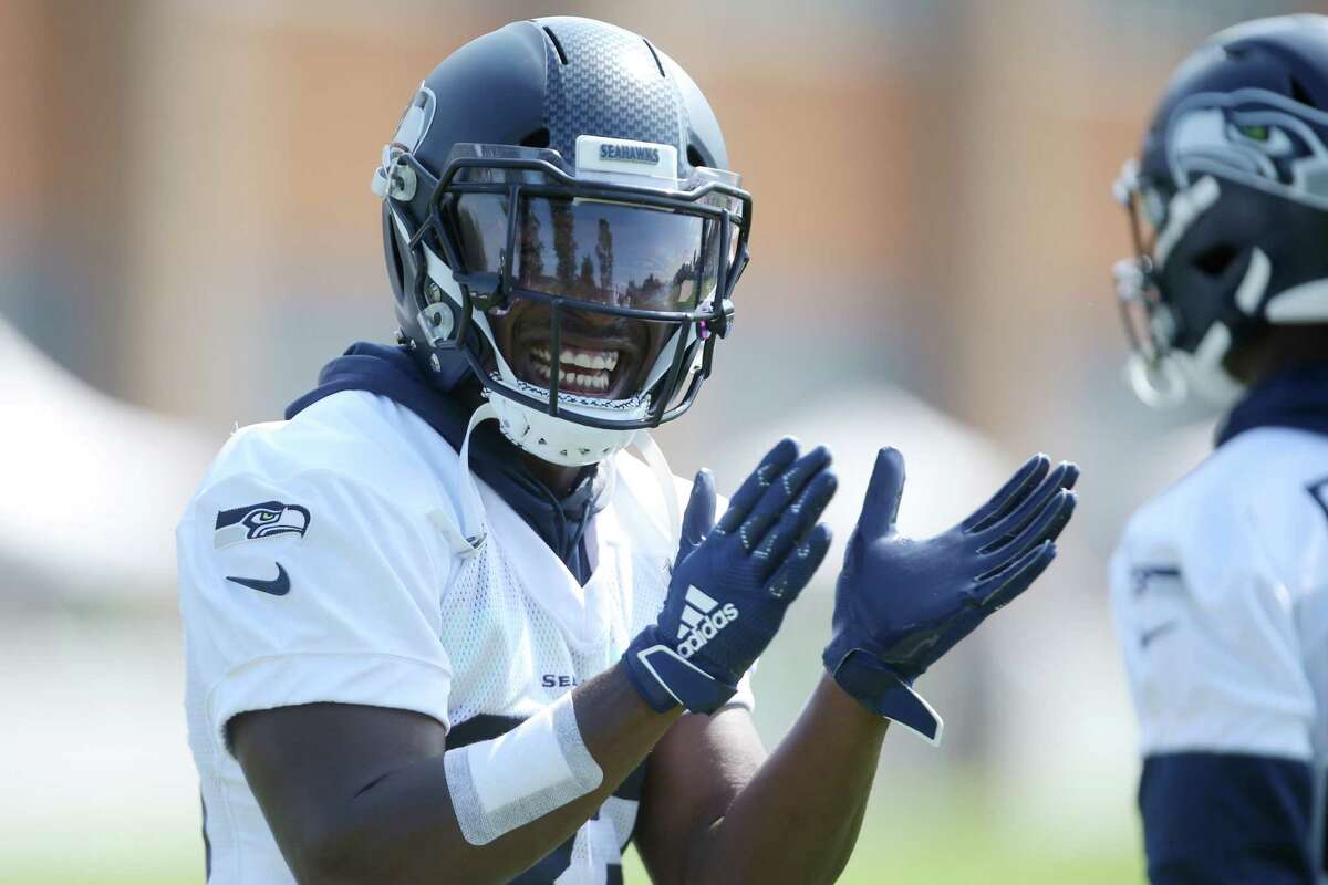 Wide receiver David Moore reacts after running a play during the Seahawks training camp, Thursday, Aug. 15, 2019.