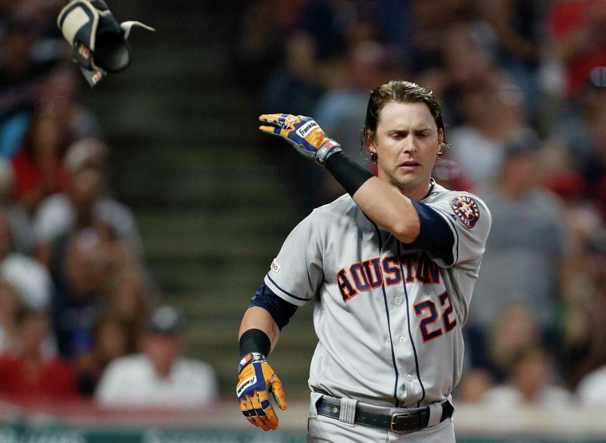 Houston Astros' Josh Reddick gestures after hitting a double