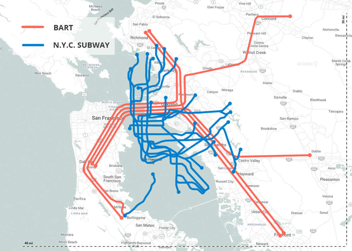 Maps compare BART’s footprint to other major transit systems around the ...