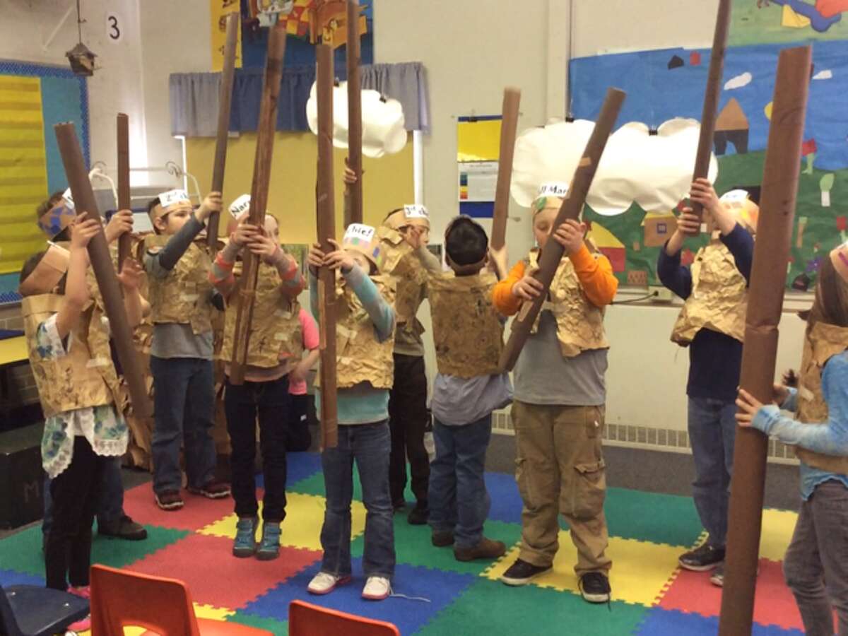 PUSHING UP THE SKY: Frankfort first graders learn the importance of teamwork in their play “Pushing Up the Sky,” based on an old Native American legend. The students performed the show at the elementary school on March 19. (Courtesy photo)