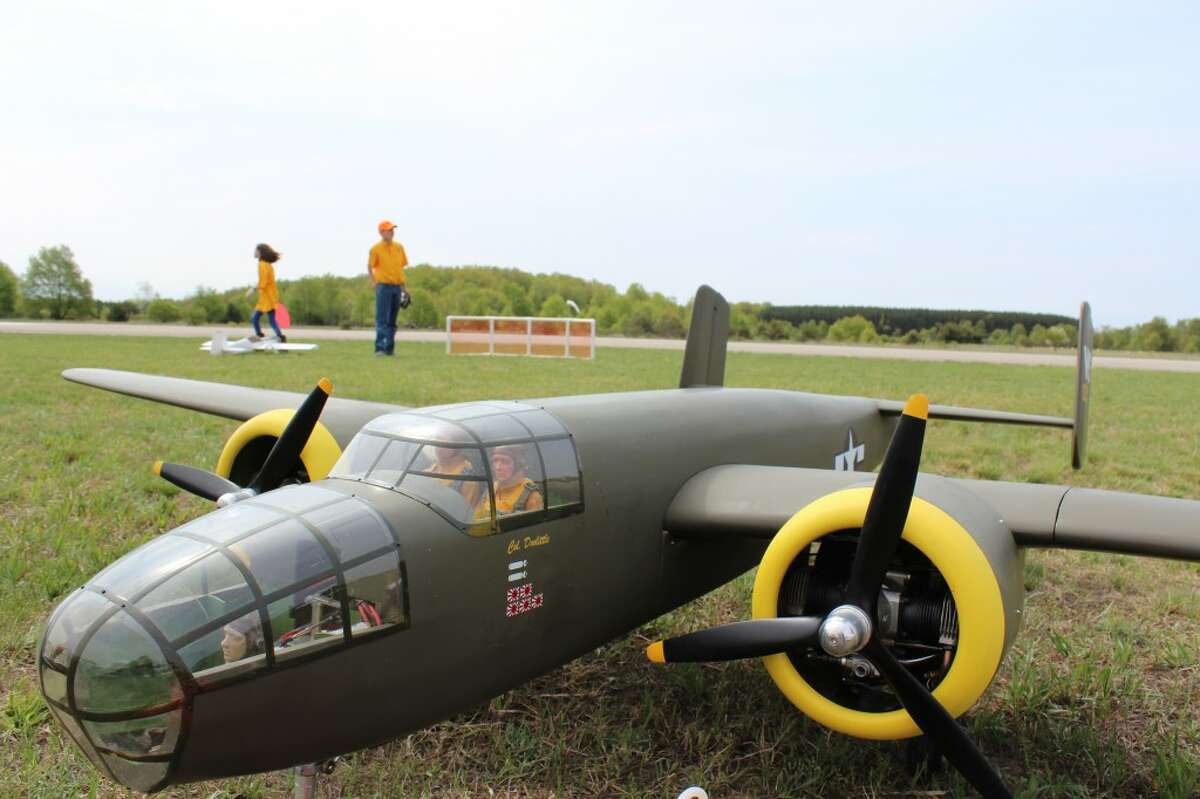 A CLASSIC: A twin-engine B-52 bomber is one of the crowd favorites at the The Benzie Area Radio Control Club Spring Thing held Saturday in Thompsonville, along with other warbirds like the P-51 Mustang, F-4 Phantom and Navy’s Corsair. (Photo/Colin Merry)