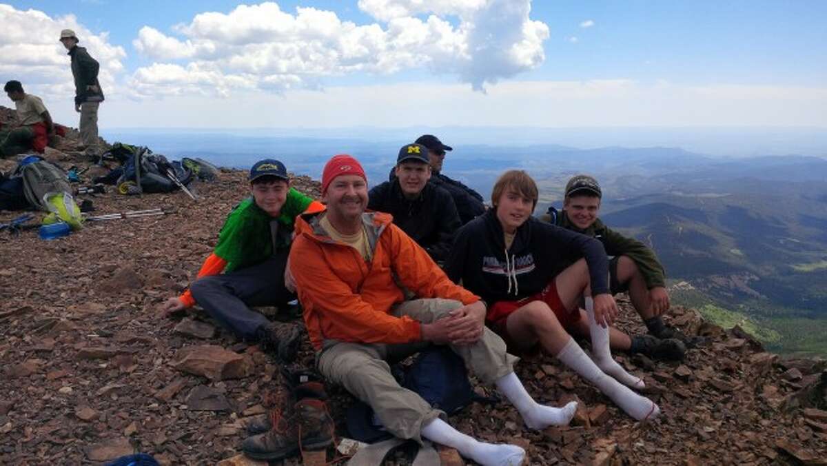 TOUGH TREK: Four local Benzie Boy Scouts of America, from Troop 267, of Honor, joined a crew of ten scouts for a life changing trek through the Sangre de Cristo Mountains. Pictured Left to Right is Jake Ingleston is left, scout advisor Bill Kennis, Gabe Kennis, Quintin Grabowski and Joey Johnston.