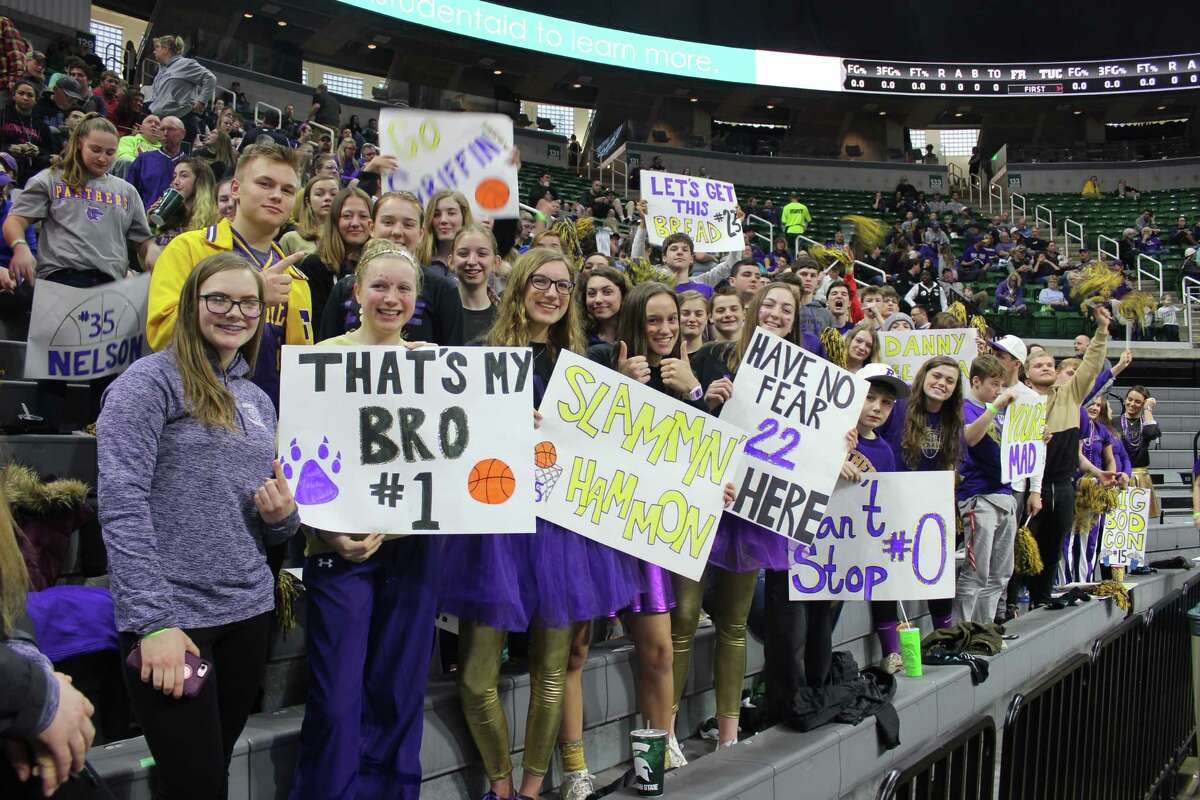 The Frankfort students section gets excited to cheer on their Panthers at the Breslin Center.