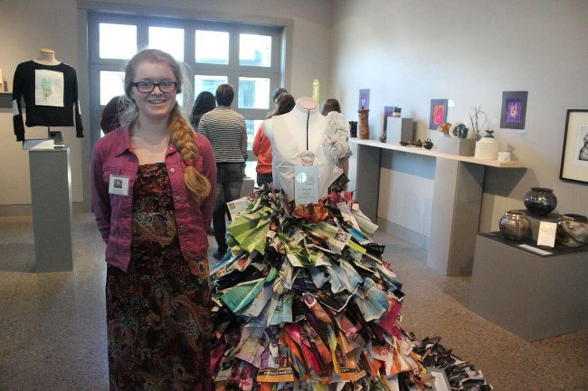 READY TO DANCE: Benzie Central senior Tessa Burch was one of many local students who were recognized at the Regional Student Exhibition at the Oliver Art Center for their work. Her piece, titled “Ballroom Blitz,” used magazine pages and sewing.