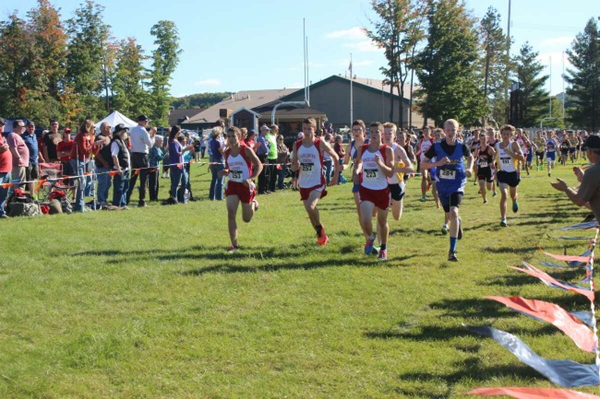 TO THE HEAD OF THE TEAM: The Benzie Central runners pace the rest of the field during the Northwest Conference meet at Mesick. The Huskies took first place at the event. (Photos/Bryan Warrick)