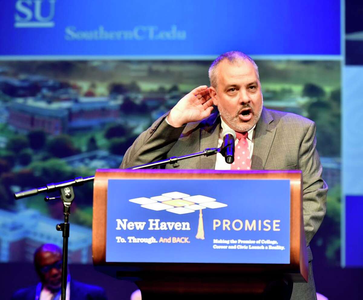 Joe Bertolino, Southern Connecticut State University President speaks during the New Haven Promise 2019 Annual Scholar Celebration Thursday evening at the Lyman Center for Performing Arts at Southern Connecticut State University.