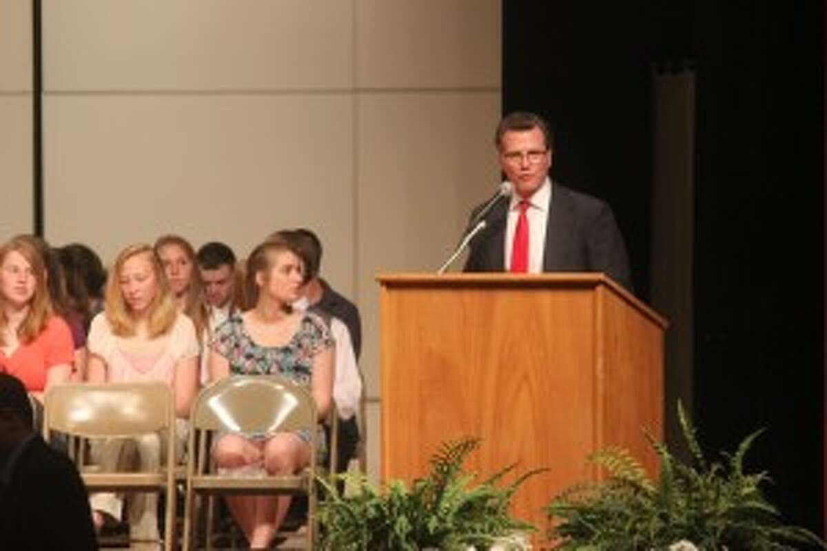 CELEBRATING SENIORS: Benzie Central High School principal Larry Haughn recognizes the seniors during the Academic Award event on May 22. (Photos/Bryan Warrick)