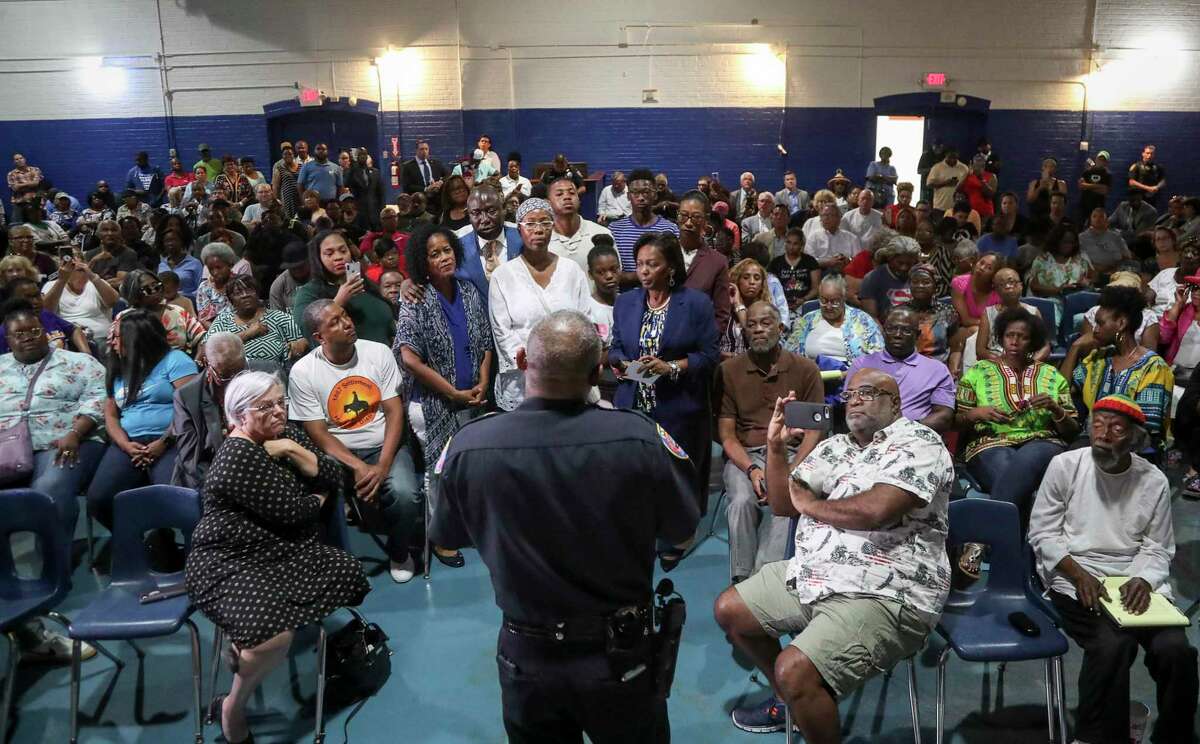 Galveston Police Chief Vernon Hale speaks with family members of Donald Neely, their attorneys, and members of the public during a meeting about Neely's arrest, on Tuesday, Aug. 6, 2019, in Galveston. During the arrest, horse-mounted officers used what appeared to be a rope to lead Neely down the street.