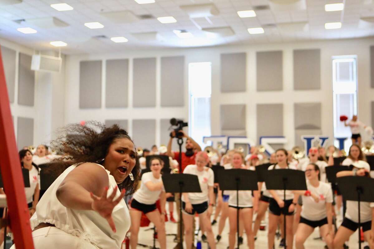 Lizzo visited with the University of Houston Spirit of Houston band.