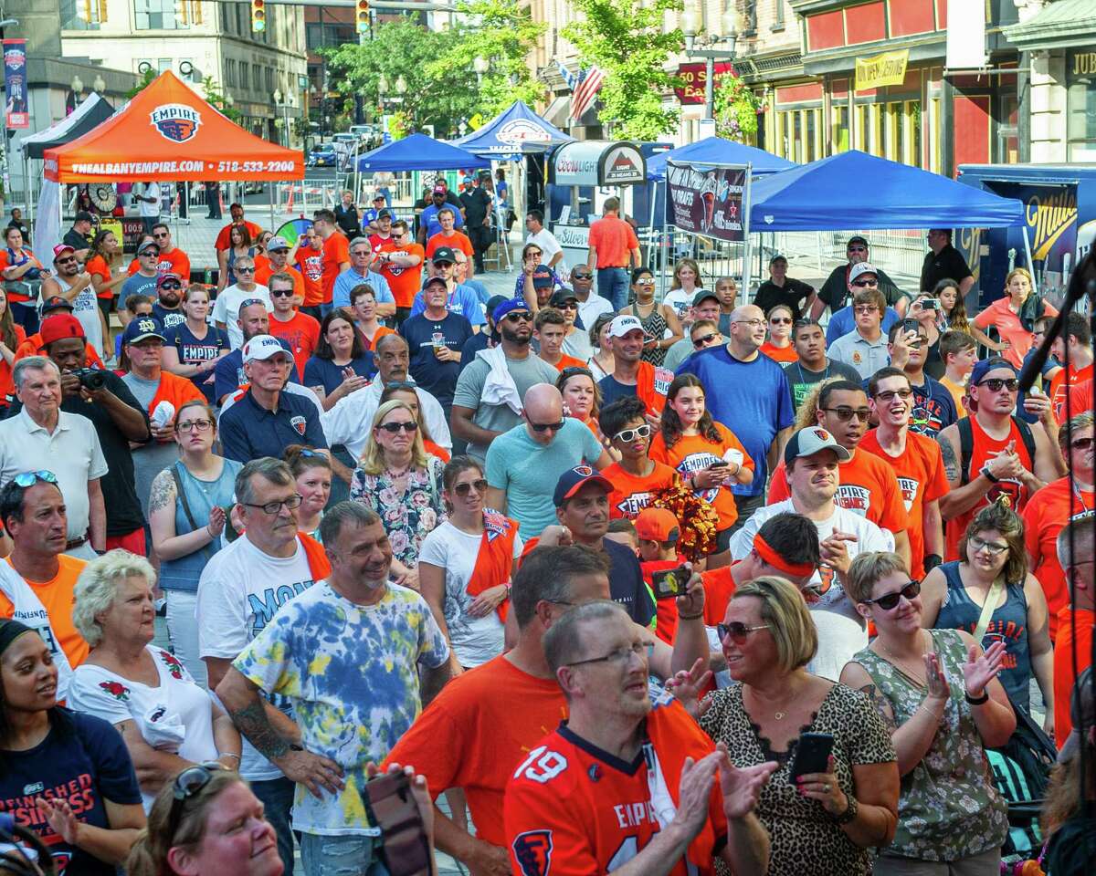 Fans at a block party held in front of the Times Union Center on Saturday, Aug. 17, 2019, to celebrate the Albany Empire’s Arena Bowl win (Jim Franco/Special to the Times Union.)