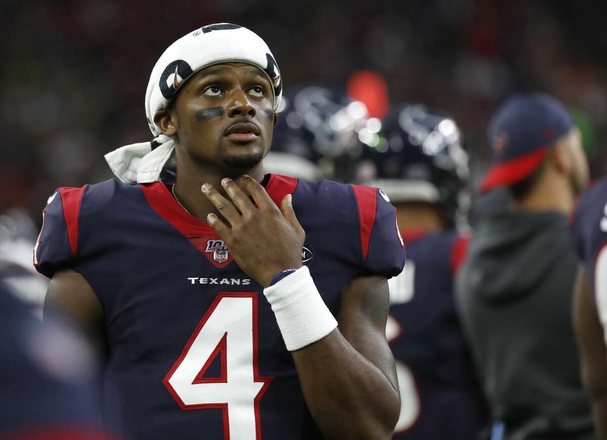 Houston Texans quarterback Deshaun Watson (4) on the sideline during the first quarter of an NFL football game at NRG Stadium, Saturday, August 17, 2019.
