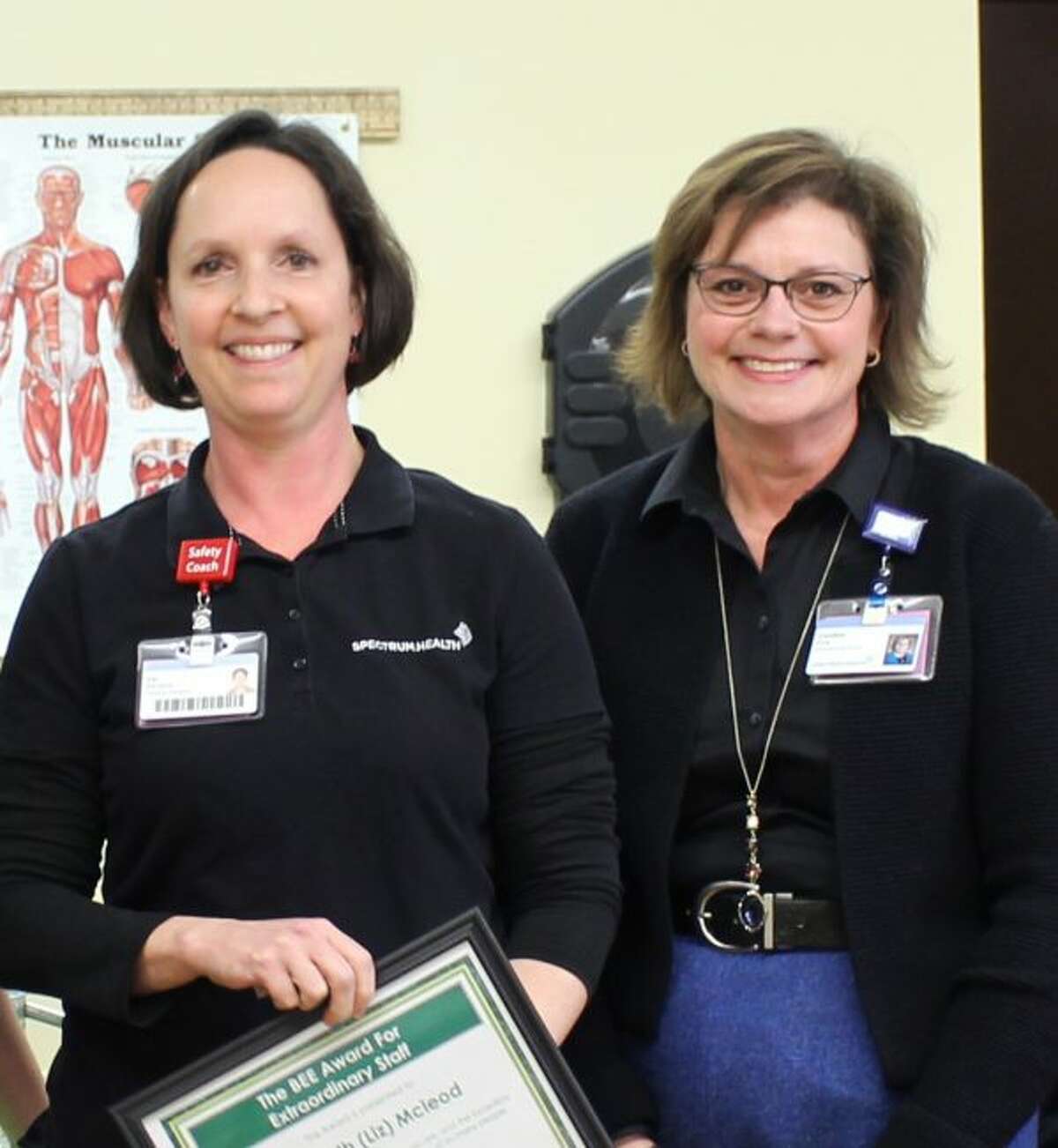 Winner of the BEE Award, open to all staff members, was Elizabeth “Liz” Mcleod, physical therapist at Big Rapids Hospital. Pictured with Mcleod is Caroline Ring. (Courtesy photo)