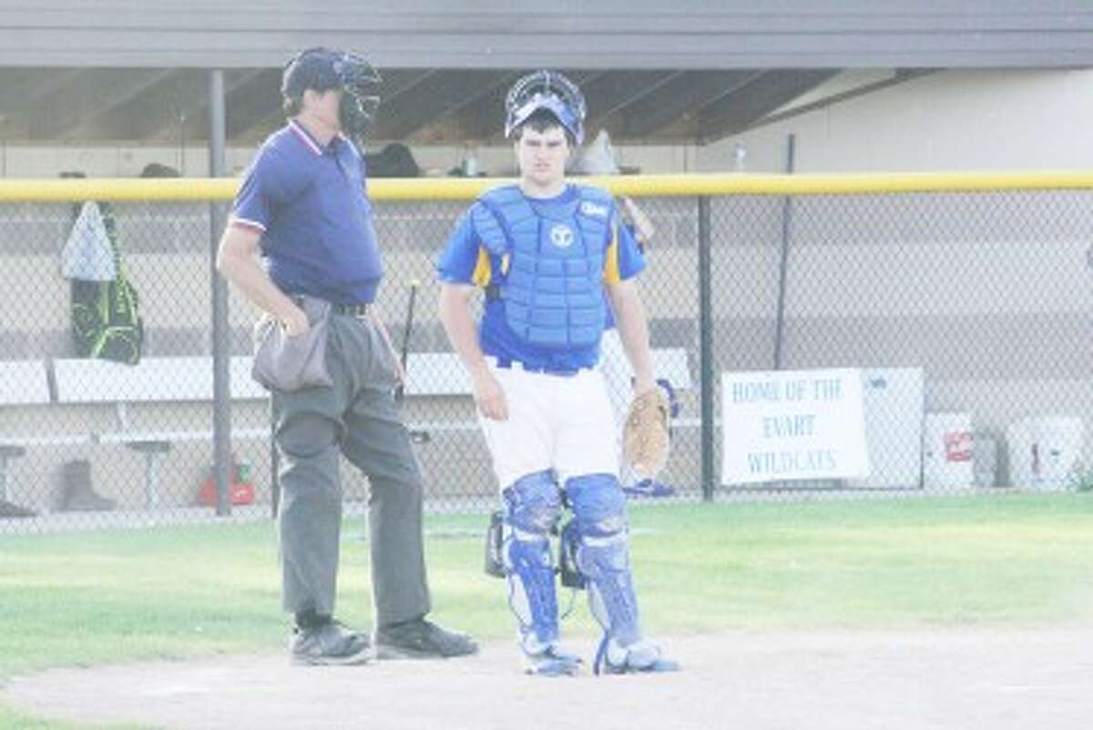 Overwhelming victory: Evart catcher Jake McKinstry gets ready for action last week. (Herald Review photo/John Raffel)