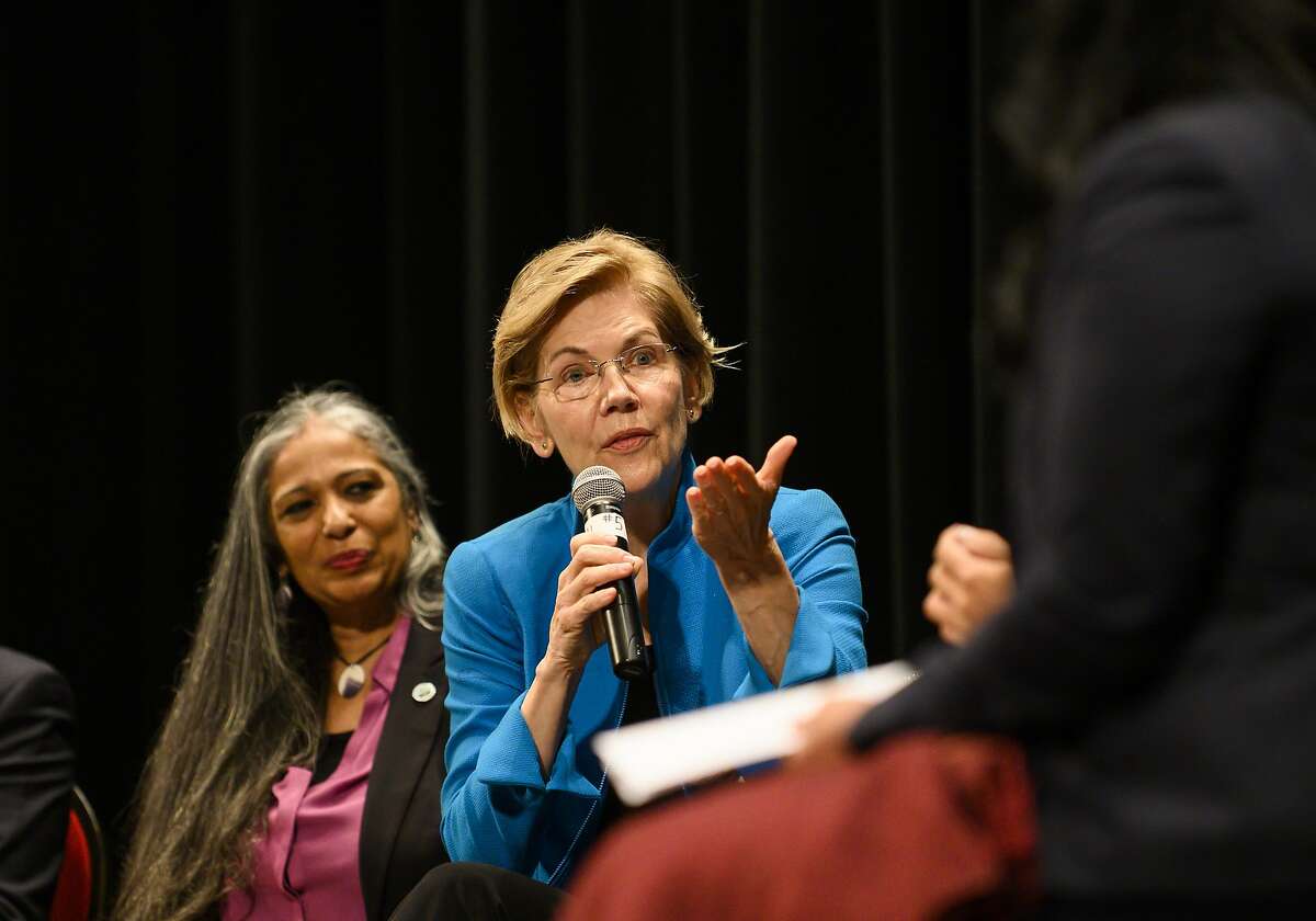 SIOUX CITY, IA - AUGUST 19: Democratic presidential candidate Sen. Elizabeth Warren (D-MA) answers questions from a panel member at the Frank LaMere Native American Presidential Forum on August 19, 2019 in Sioux City, Iowa. Warren was introduced by Rep. Deb Haaland (D-NM) who she has co-sponsored legislation with to help the Native American community. (Photo by Stephen Maturen/Getty Images)