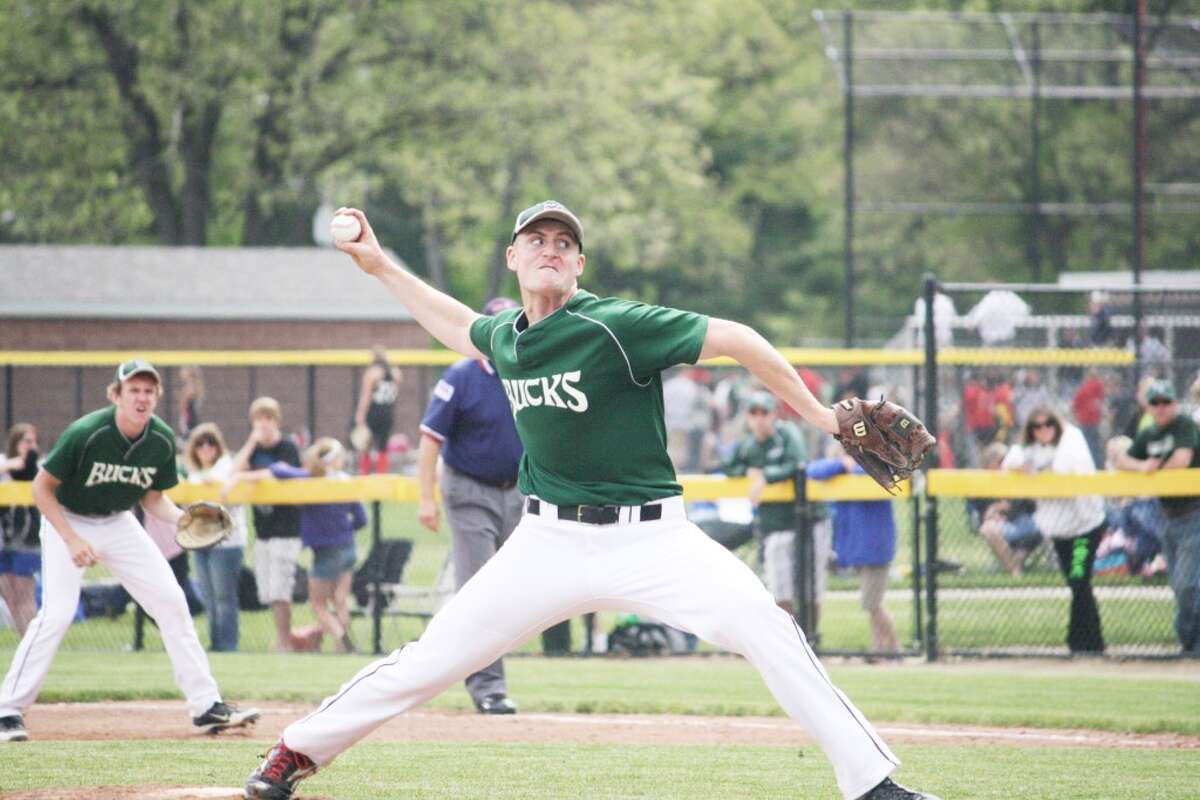 Pine River: Lincoln Erickson fires a pitch to the plate against Kent City. (Herald Review/John Raffel)