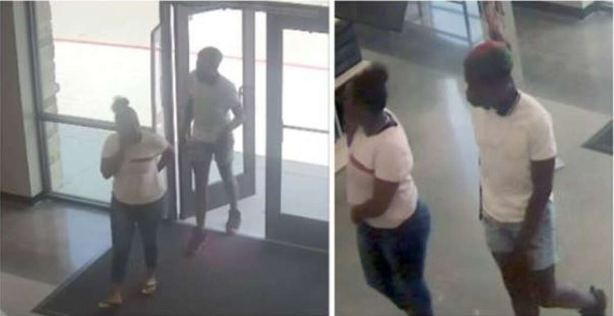 A man and woman seen in surveillance footage are being sought for allegedly stealing shoes from a New Caney Rack Rooms Shoes.