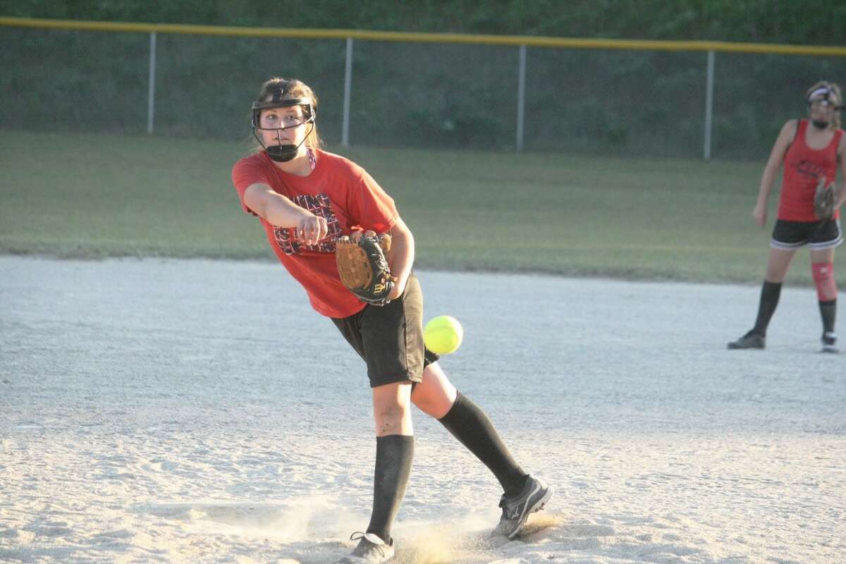 TO THE PLATE: Brittani Yarger delivers a pitch for Reed City against Pine River last week. (Herald Review photo/John Raffel)
