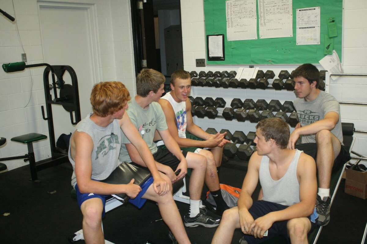 Pine River football seniors discussing leadership prior to a recent practice are: from left, Ethan Whitley, Maverick Martin, Devin Ruppert, Tom Miller and Cason Rawson. (Herald Review photo/John Raffel)