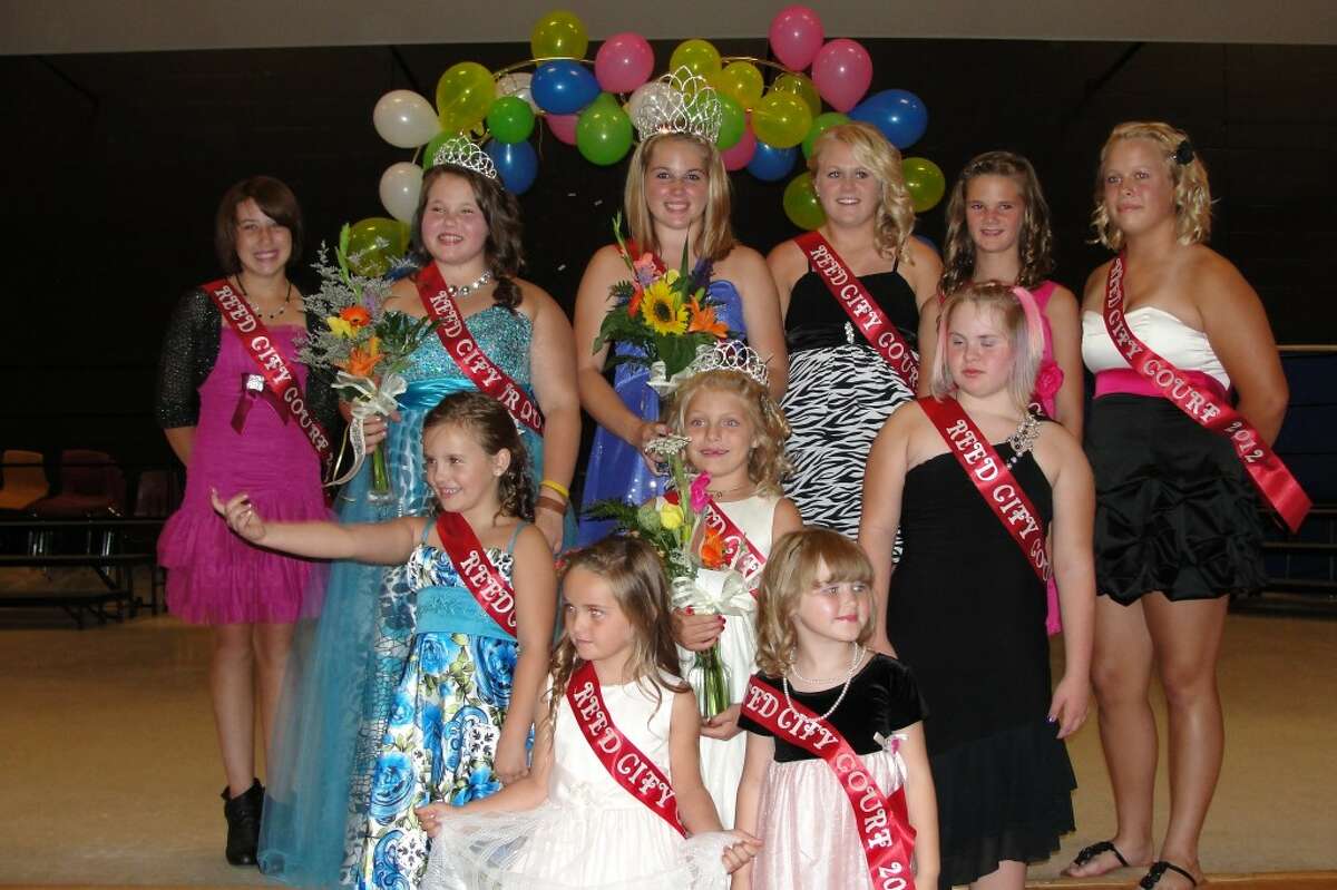REED CITY ROYALTY: Miss Reed City Makayla Fender (left), poses with Junior Miss Reed City Madison Sunderlin, Princess Emma Powell and court. The girls were judged on a judge interview, talent, casual and formal wear.