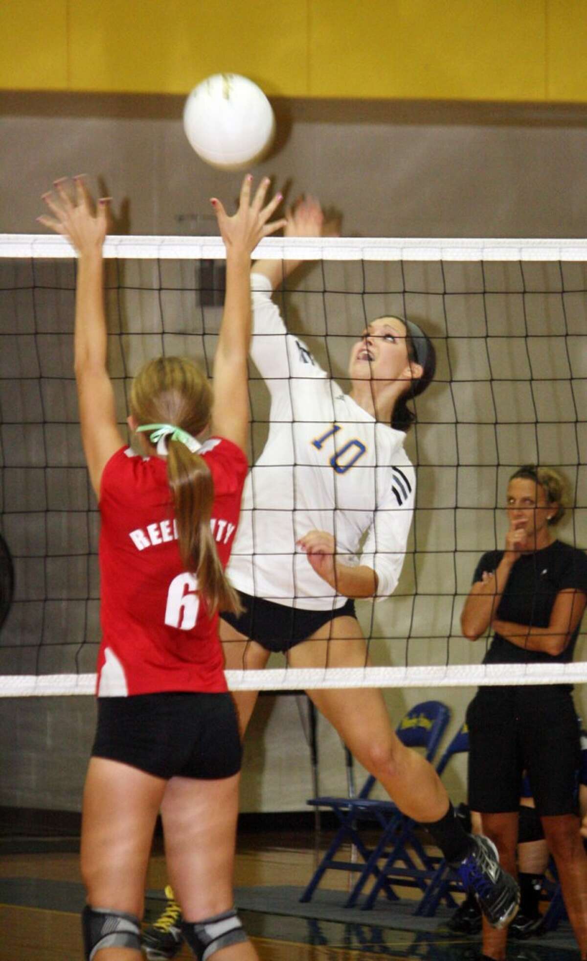 ON THE ATTACK: Morley Stanwood's Brett Chesebro goes for a kill against Reed City's Heather Tacey. (Herald Review photo/John Raffel)